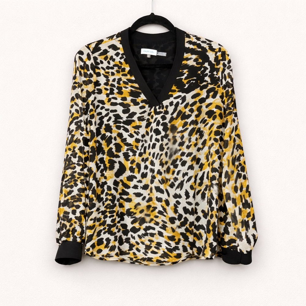 Calvin Klein Leopard Print V Neck Blouse Medium Black Yellow Animal Print Top